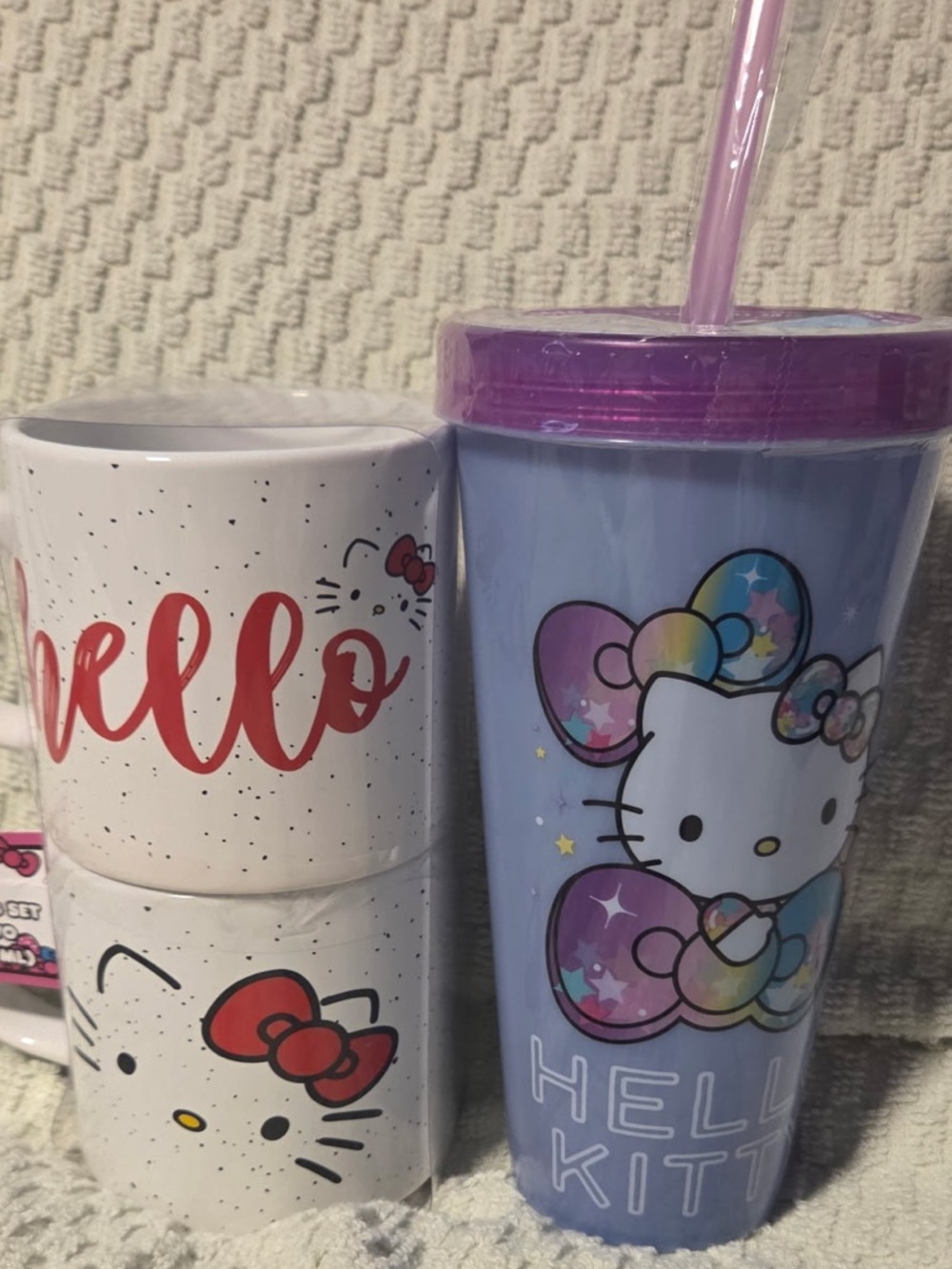Hello Kitty Purple Tumbler with purple lif and White Stackable Mugs